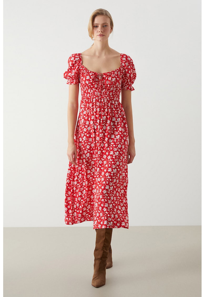 Rochie cu maneci scurte si imprimeu floral - Rosu/Alb