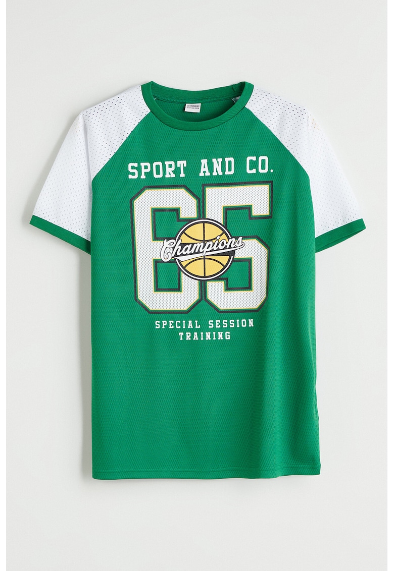 Tricou cu decolteu la baza gatului si imprimeu grafic - Alb/Verde