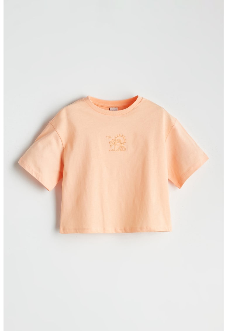 Tricou cu decolteu la baza gatului si imprimeu grafic discret - Portocaliu pal
