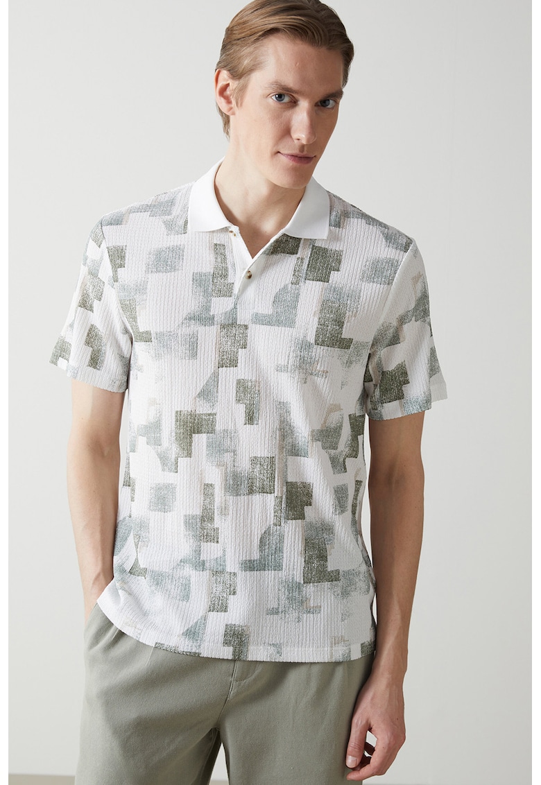 Tricou polo cu model abstract - Alb/Verde