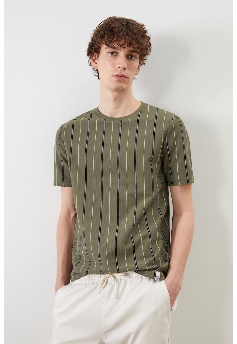 Tricou regular fit cu dungi - Kaki/Bleumarin