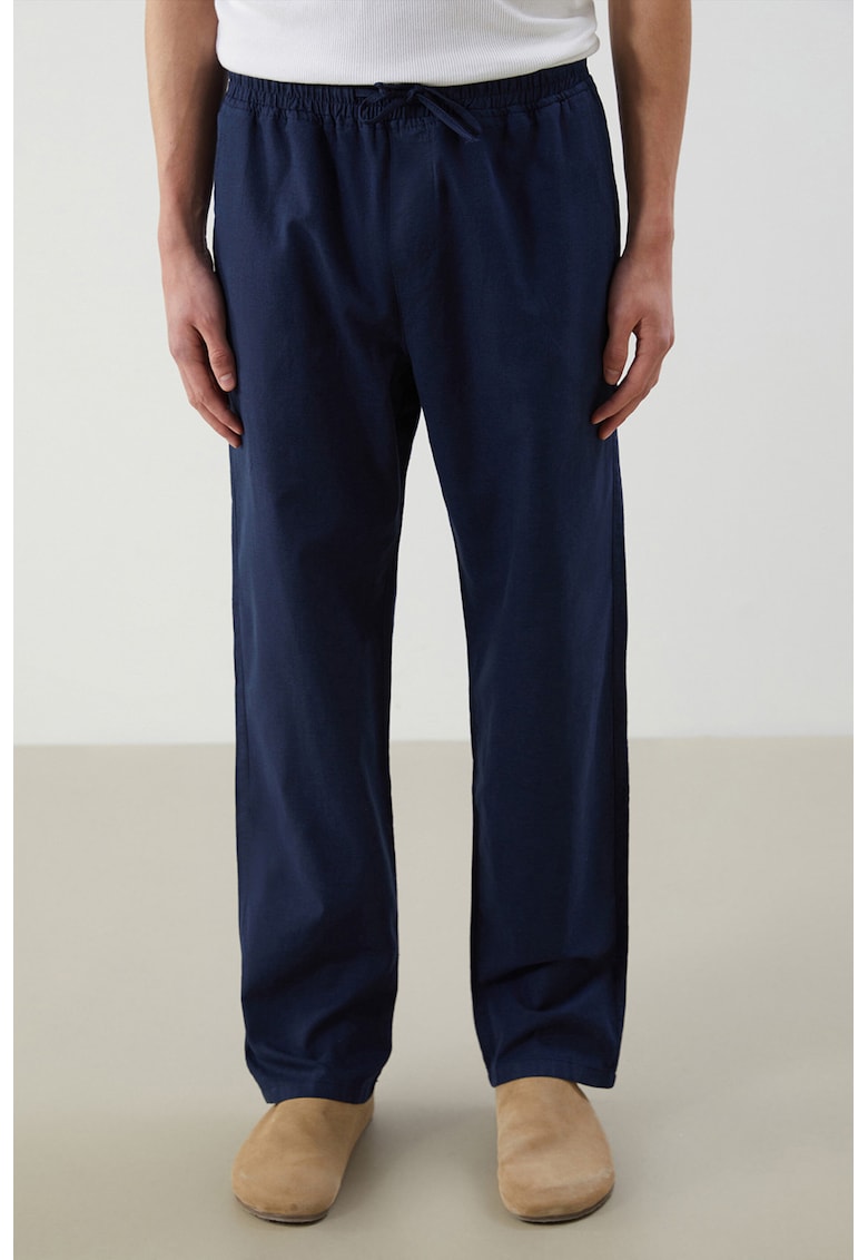 Pantaloni drepti din amestec de in - Bleumarin