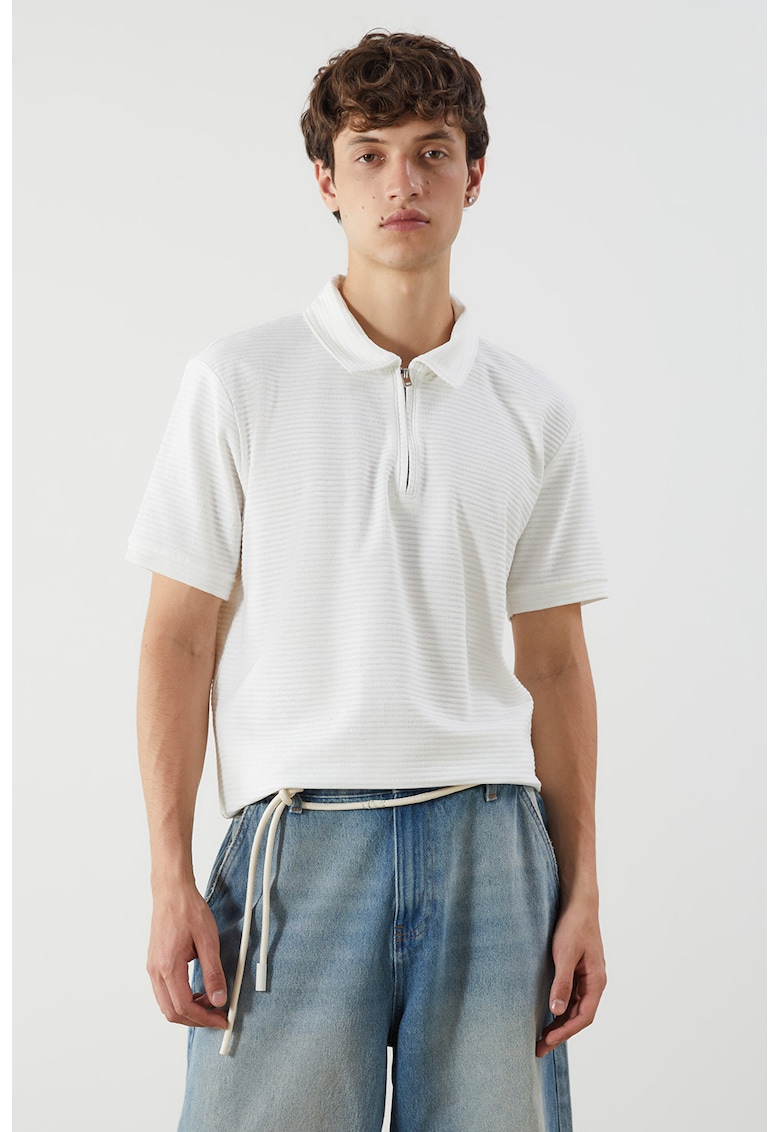 Tricou polo regular fit cu fermoar scurt - Alb
