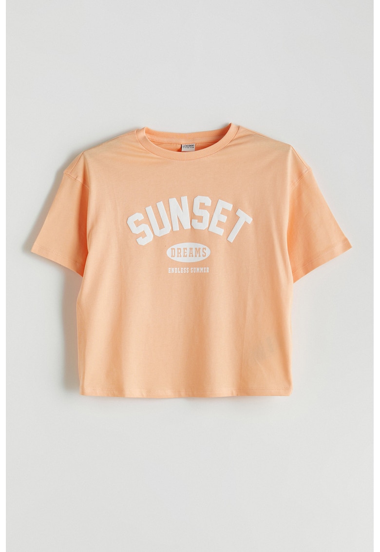 Tricou cu decolteu la baza gatului si imprimeu text - Portocaliu