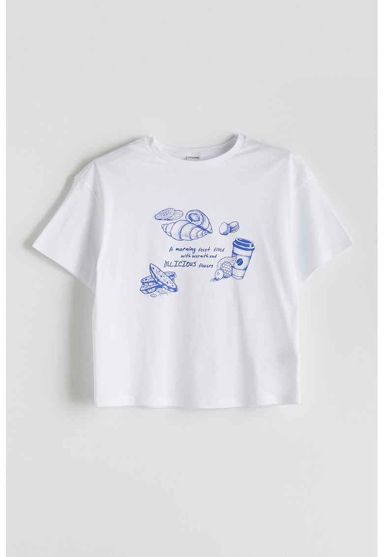 Tricou de bumbac cu imprimeu grafic si text - Alb optic/Albastru