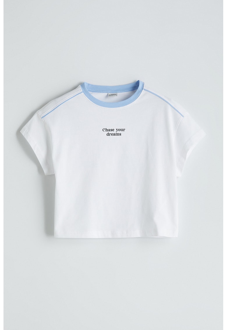 Tricou de bumbac cu text discret - Alb/Albastru deschis