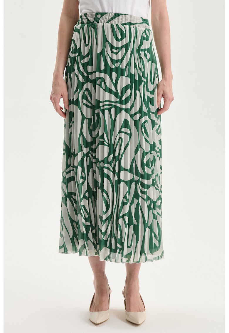 Fusta midi din sifon plisata - Verde/Alb fildes
