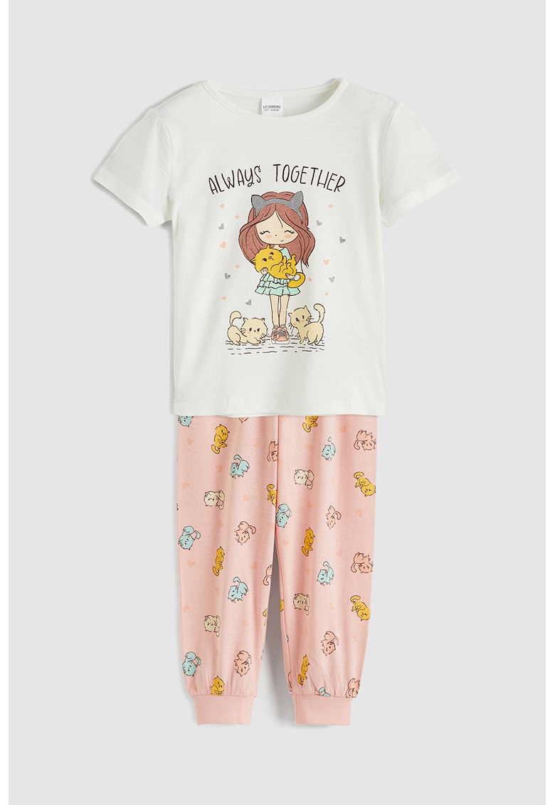 Pijama de bumbac cu model grafic - Crem