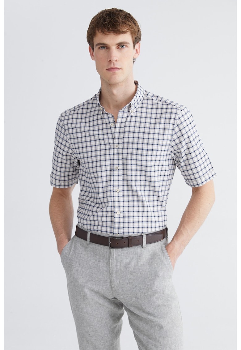 Camasa regular fit in carouri cu maneci scurte - Bej
