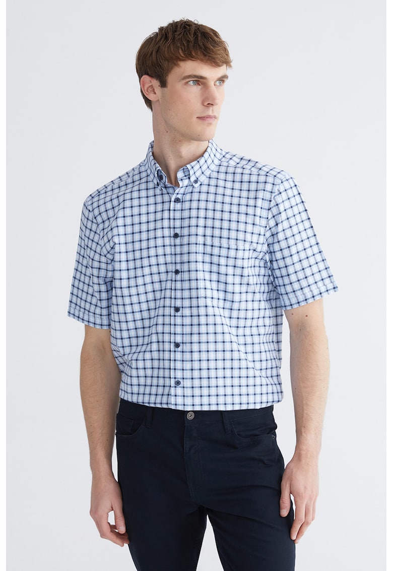 Camasa regular fit in carouri cu maneci scurte - Albastru indigo