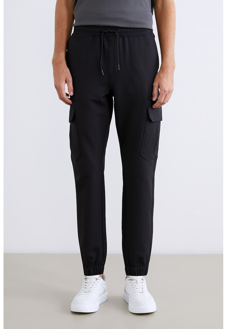 Pantaloni cargo slim fit cu terminatii elastice - Negru