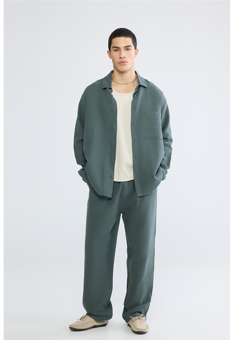 Pantaloni de bumbac cu croiala ampla si snur - Verde englez