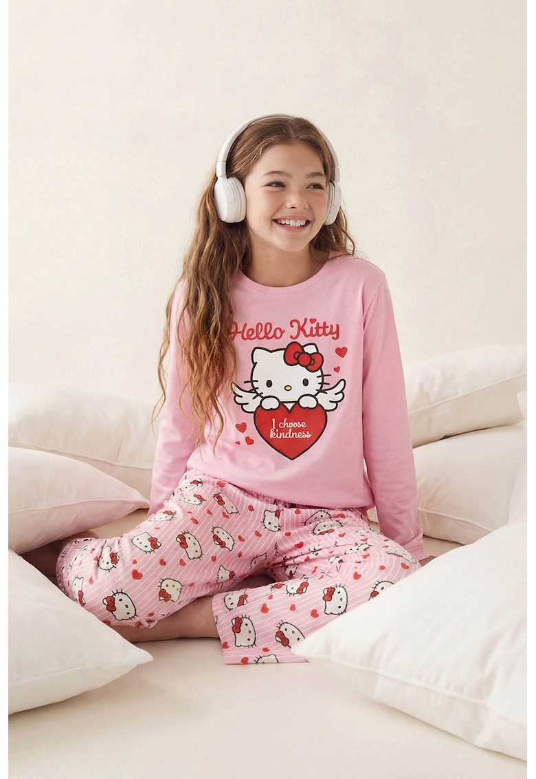 Pijama de bumbac cu model Hello Kitty - Roz deschis