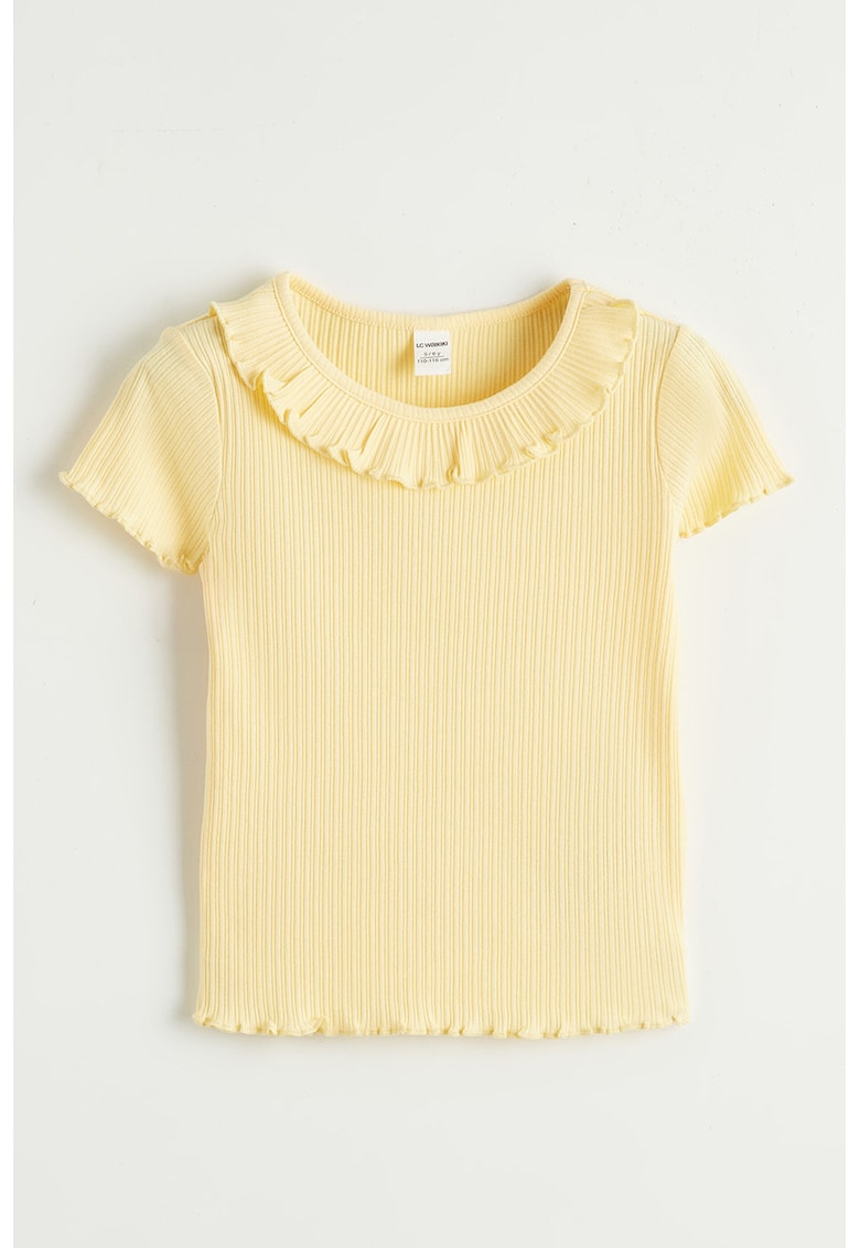 Tricou striat cu guler cu volan - Galben