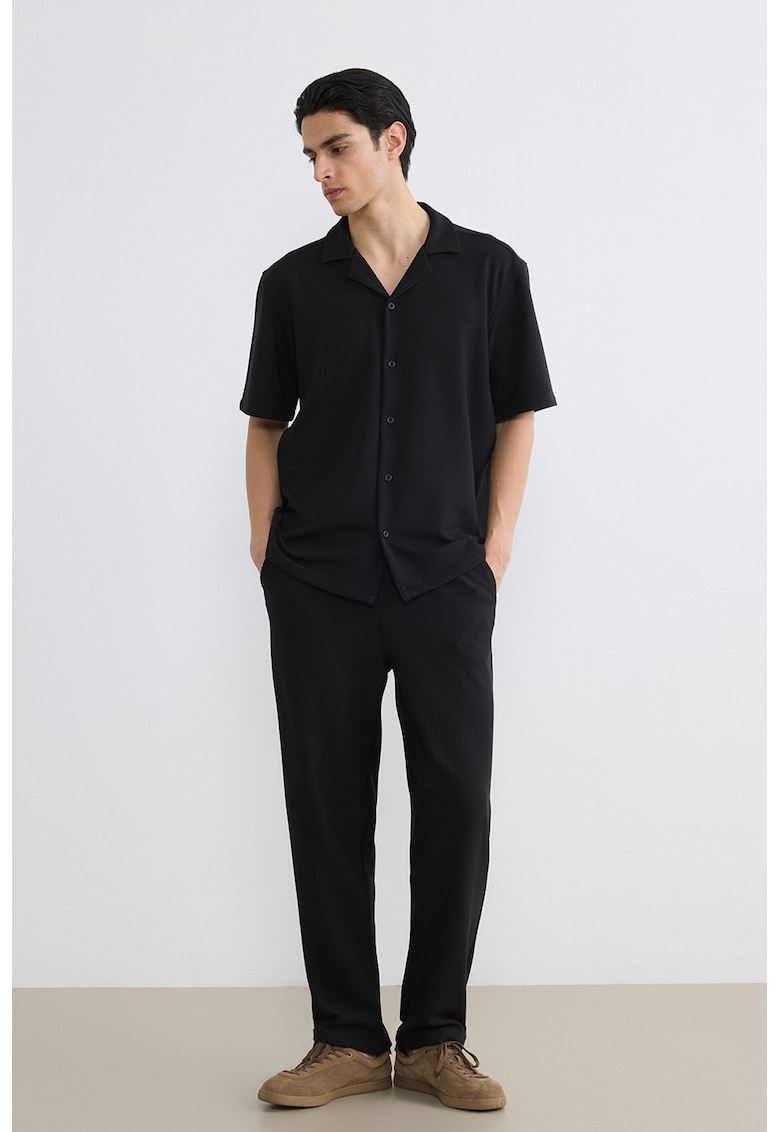 Pantaloni striati cu cordon in talie - Negru