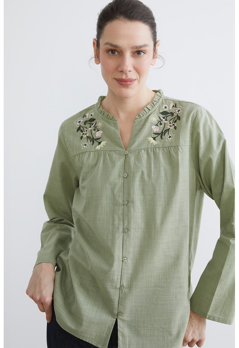 Camasa-tunica de bumbac cu broderie florala - Verde pal