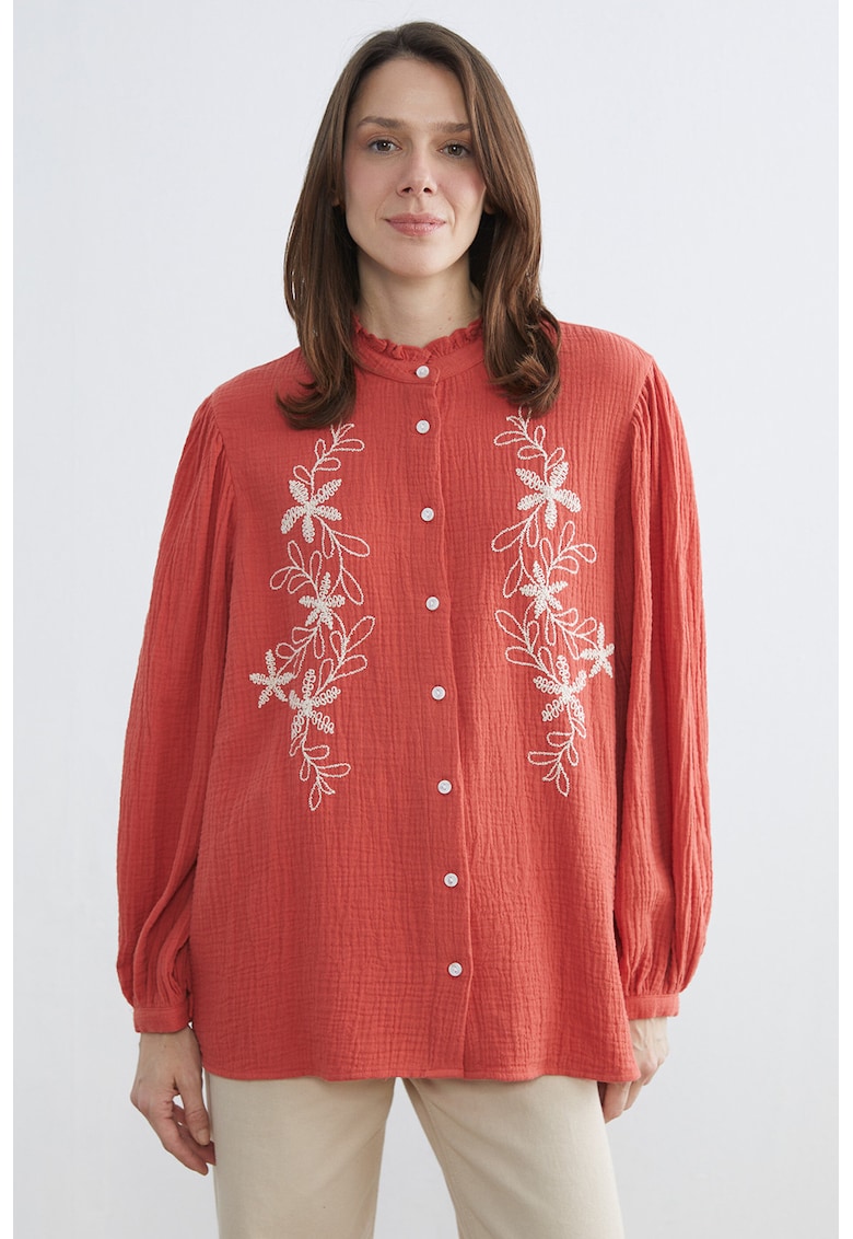 Camasa de bumbac cu broderie - Portocaliu mandarina