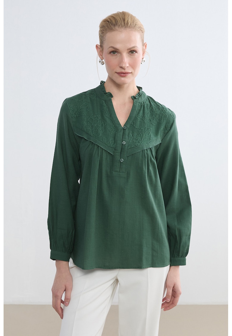 Bluza-tunica de bumbac si in - Verde englez
