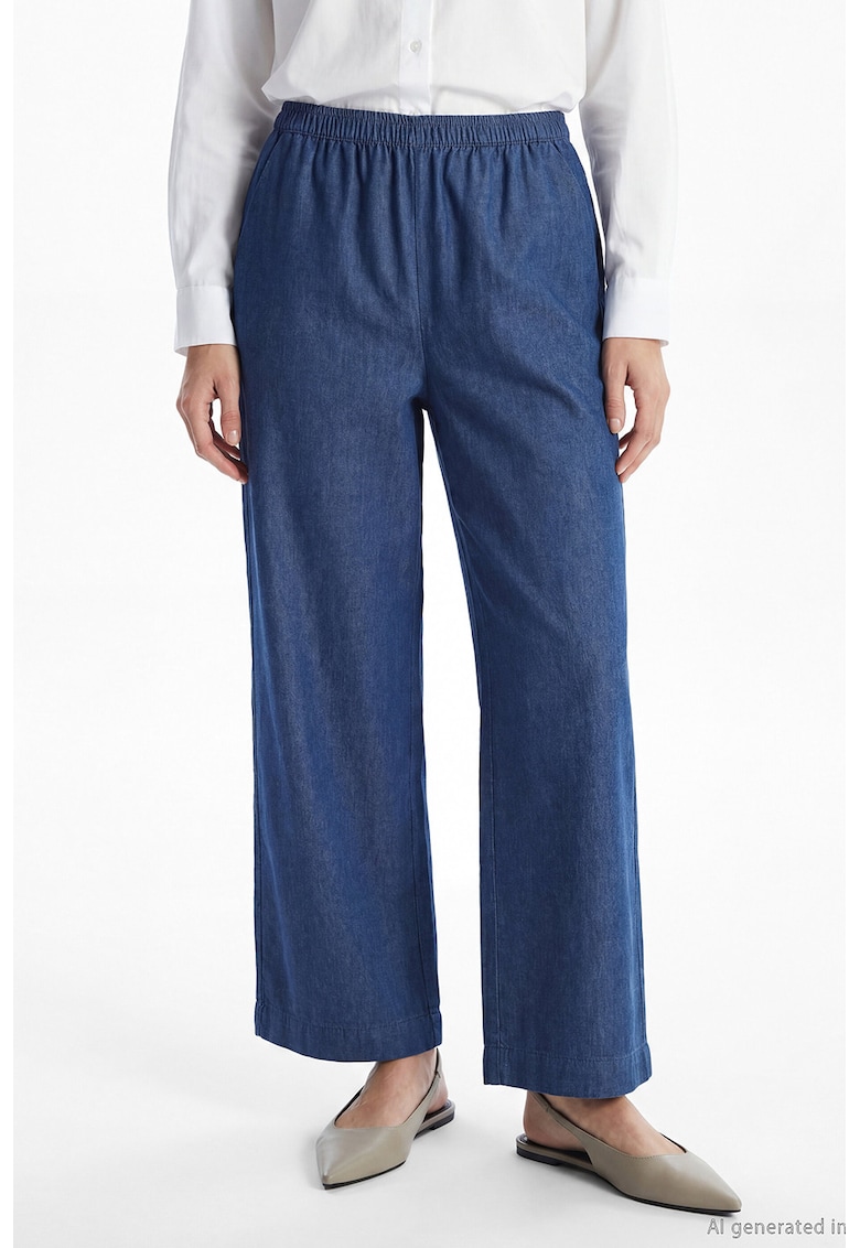 Pantaloni ampli din chambray cu talie elastica - Bleumarin