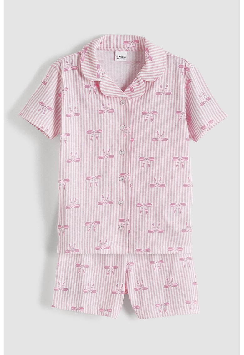 Pijama cu pantaloni scurti - dungi si funde - Alb/Roz