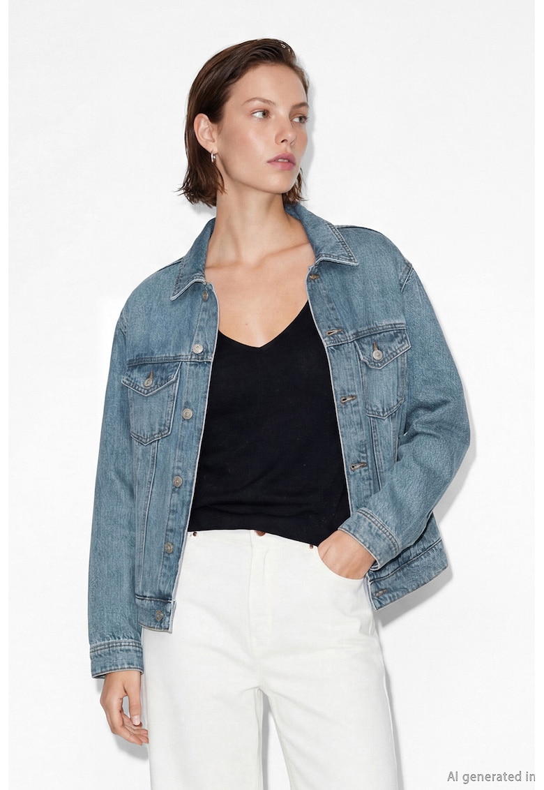 Jacheta din denim cu buzunare cu clapa - Albastru prafuit