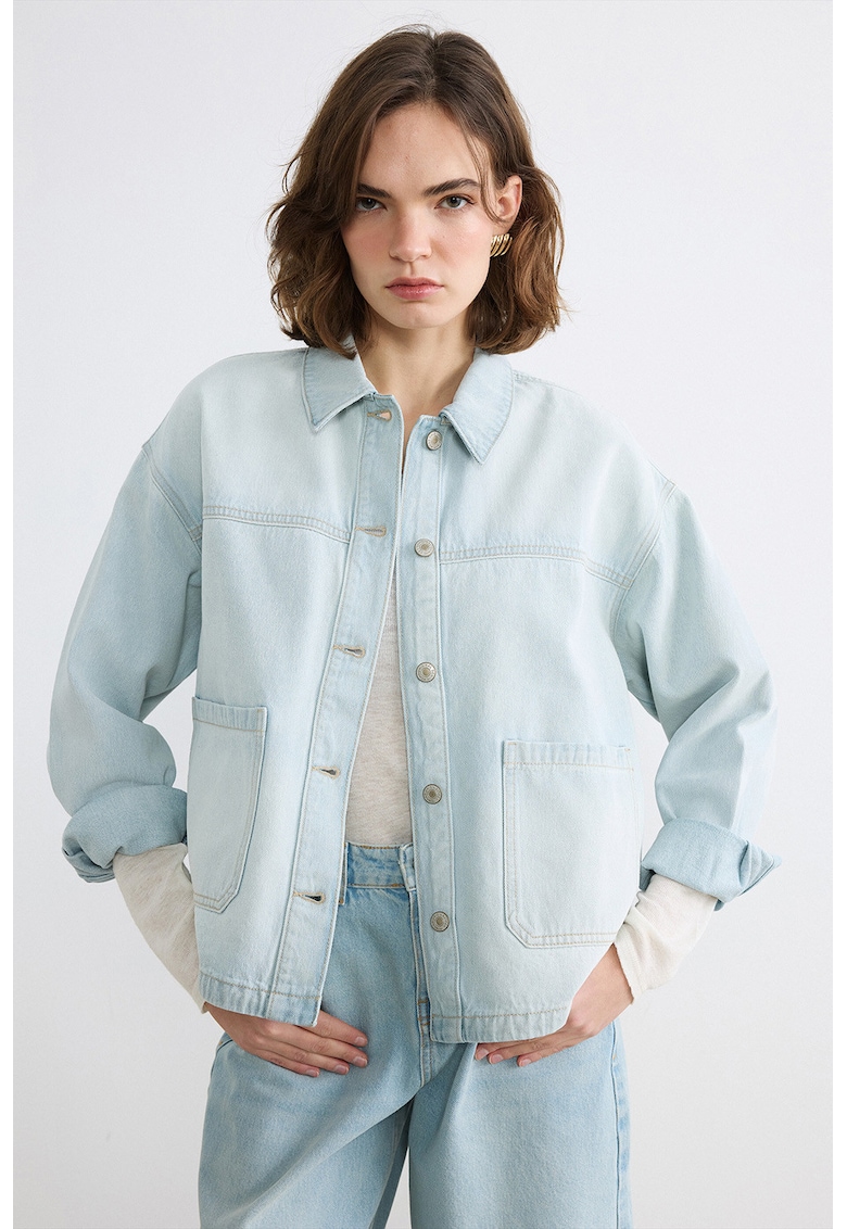 Jacheta-camasa din denim cu maneci cazute - Albastru deschis