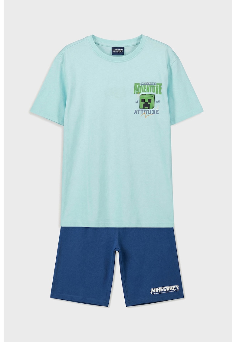 Pijama cu pantaloni scurti - imprimeu Minecraft si talie elastica - Albastru