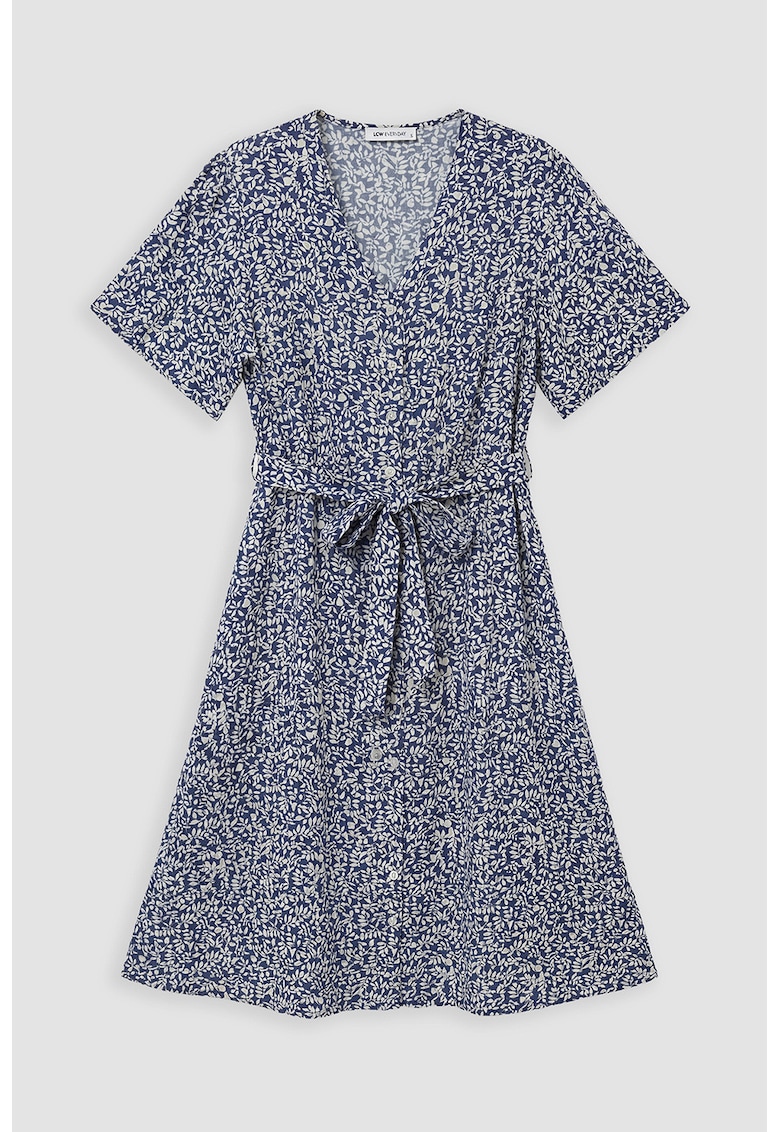 Rochie evazata cu imprimeu floral - Crem/Bleumarin