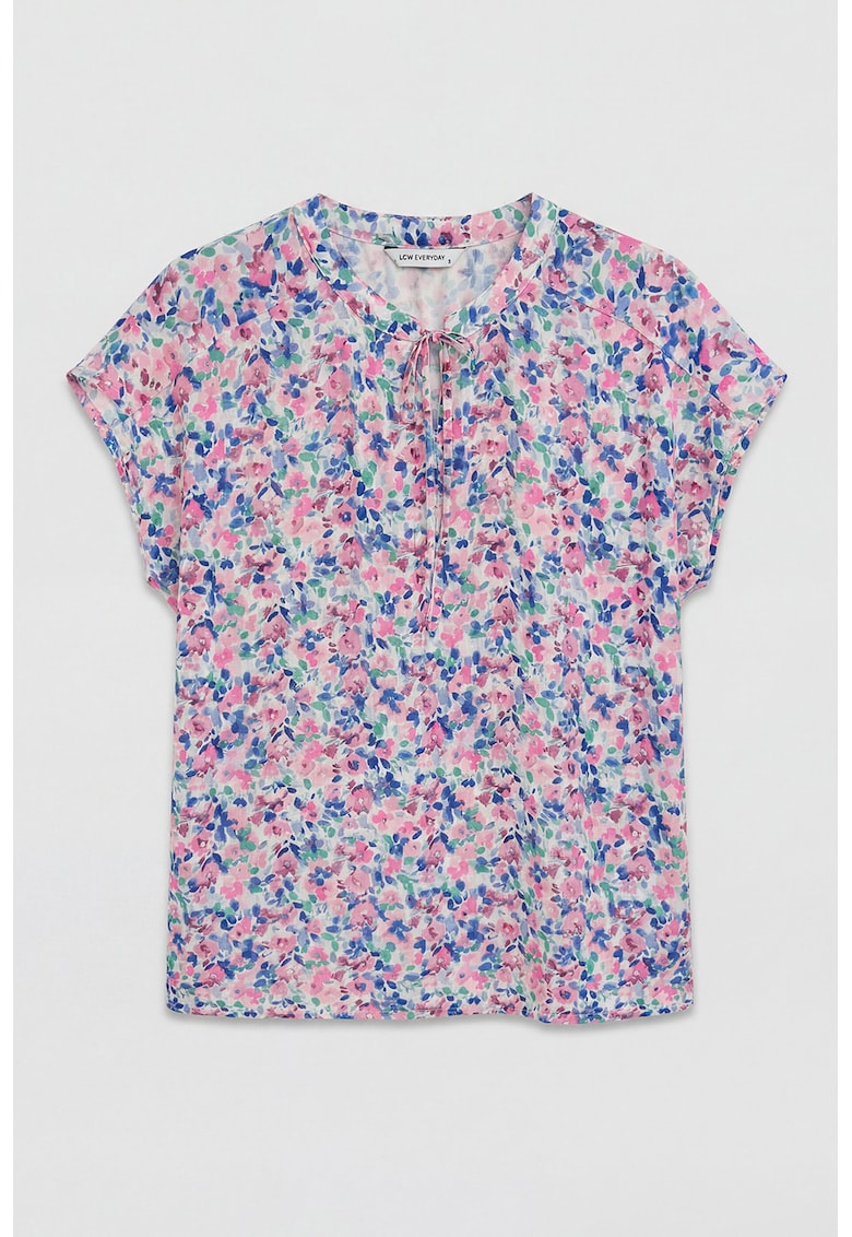 Tricou cu model floral si prindere la decolteu - Multicolor