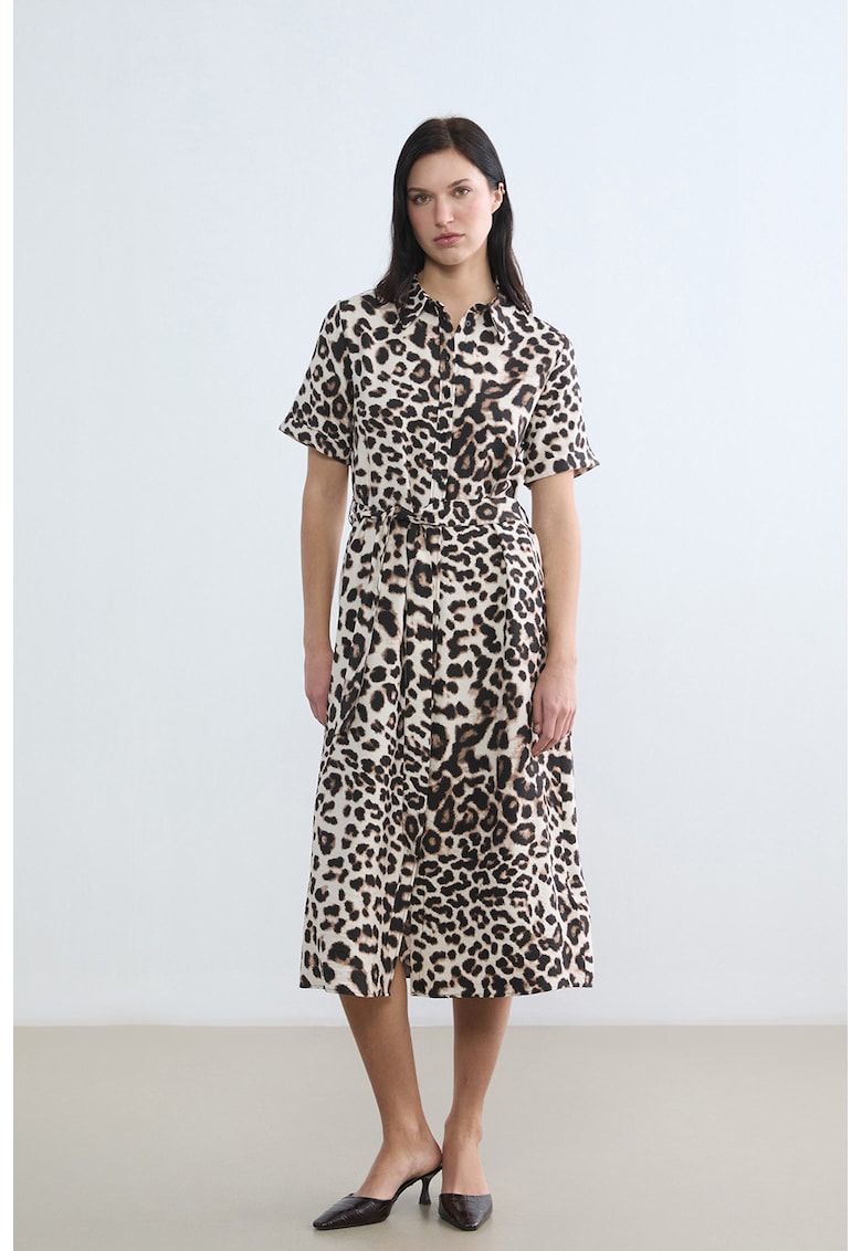 Rochie cu model si maneci scurte si guler - Maro/Bej
