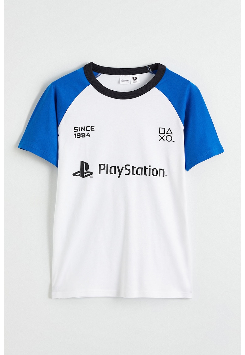 Tricou cu imprimeu si maneci raglan PlayStation - Alb/Albastru