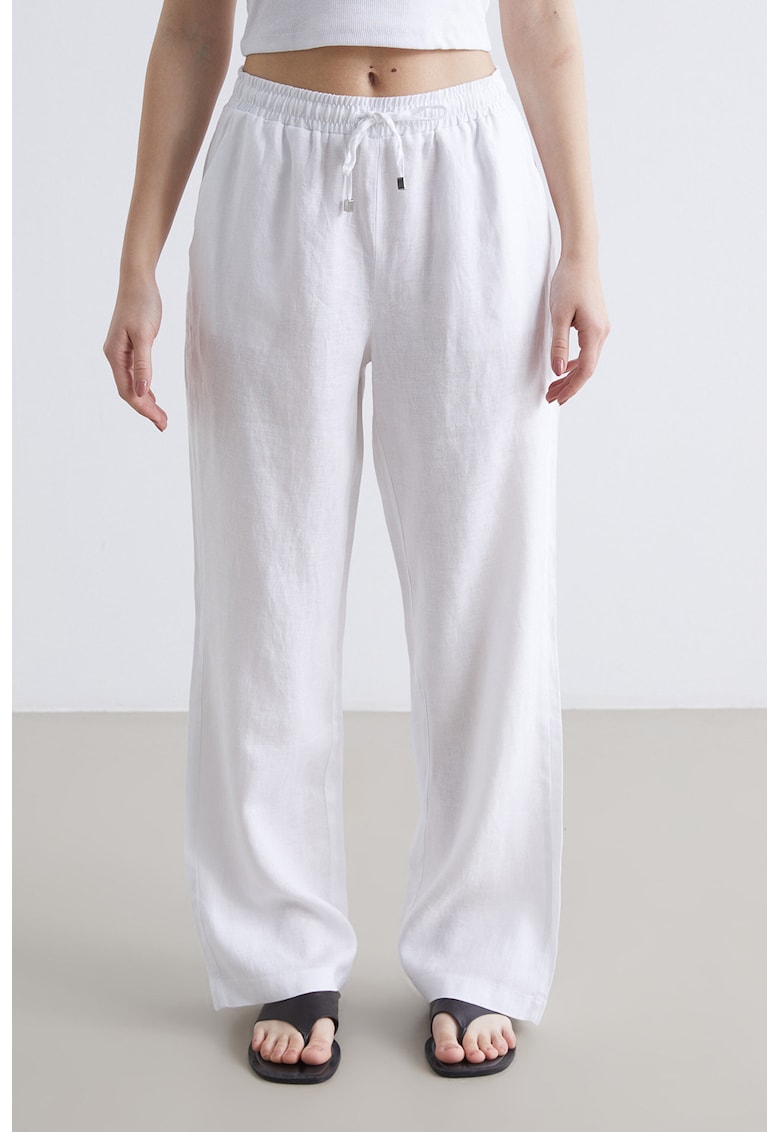 Pantaloni drepti de in cu snur - Alb