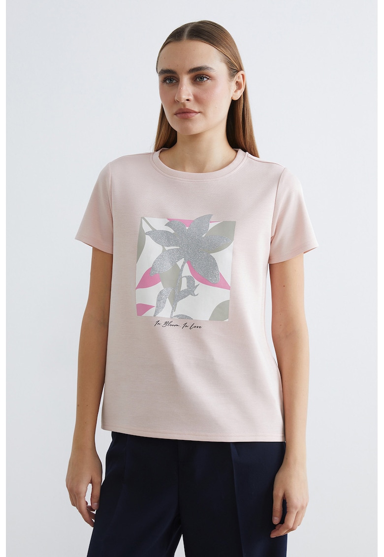 Tricou cu decolteu rotund si imprimeu stralucitor - Roz prafuit deschis/Argintiu
