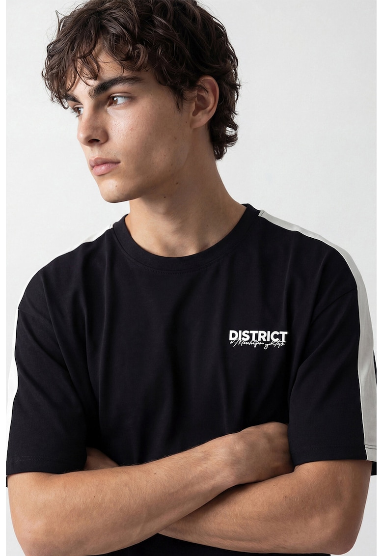 Tricou din amestec de bumbac cu decolteu la baza gatului - Alb/Negru