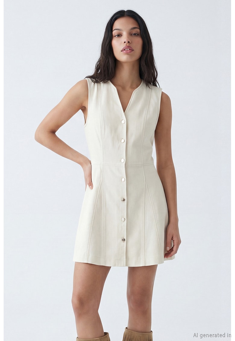 Rochie mini de denim fara maneci - Bej deschis