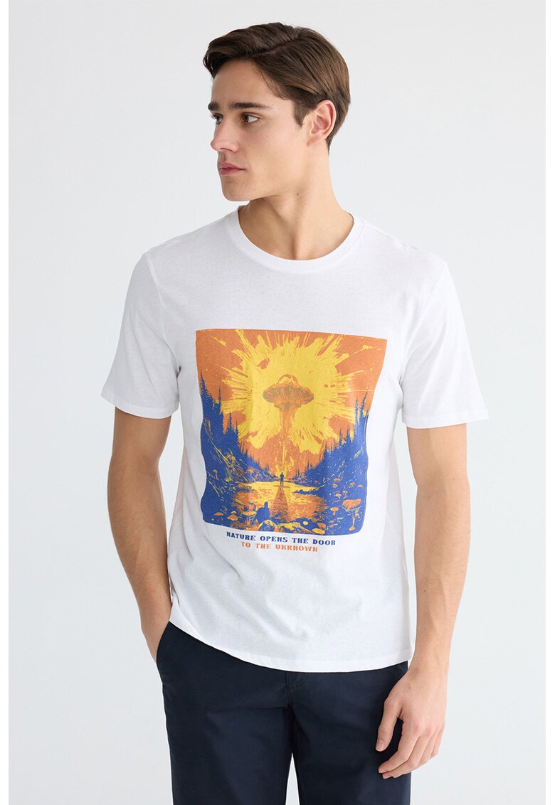 Tricou regular fit cu imprimeu frontal contrastant - Alb/Portocaliu mandarina/Albastru
