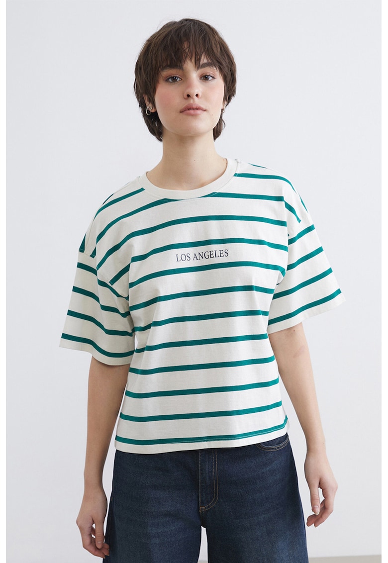 Tricou supradimensionat in dungi - din bumbac - Alb/Verde smarald