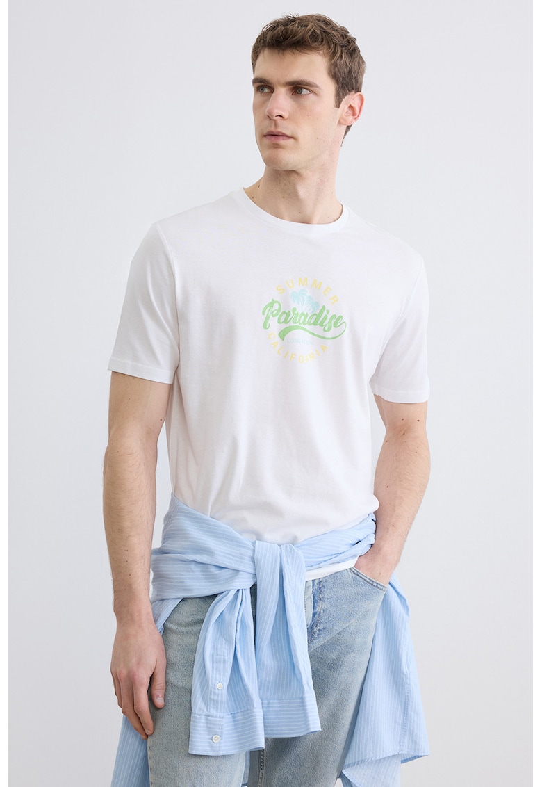 Tricou regular fit cu imprimeu pe piept - Alb optic/Verde deschis