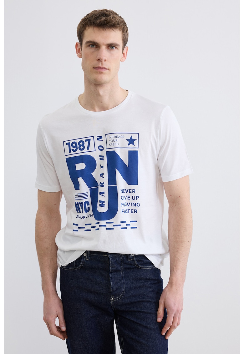 Tricou cu decolteu la baza gatului si imprimeu text - Alb/Albastru royal