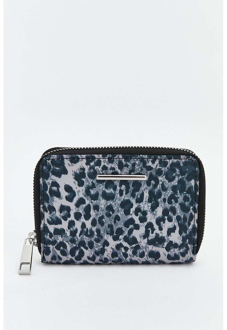 Portofel cu animal print si fermoar - Gri deschis/Albastru gentian