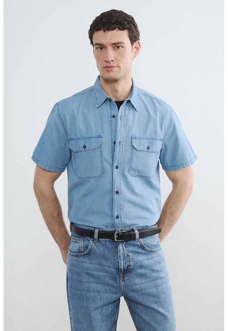 Camasa regular fit de denim cu maneci scurte - Albastru prafuit