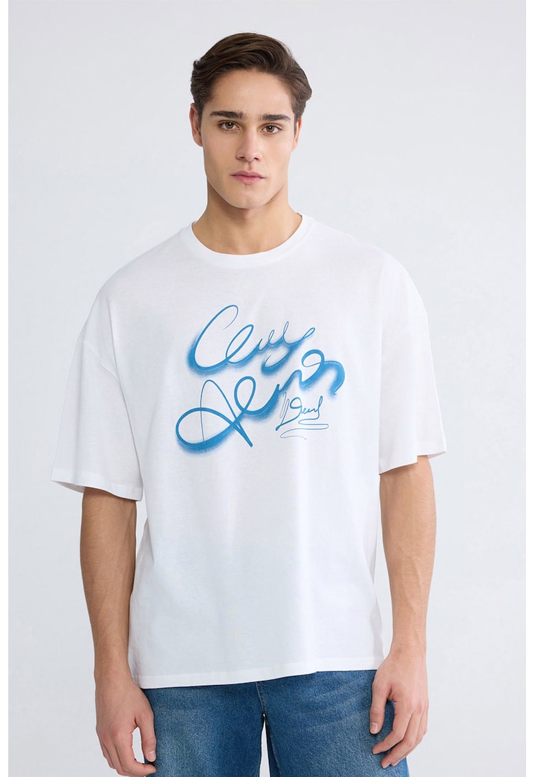 Tricou lejer cu imprimeu - Alb optic/Albastru