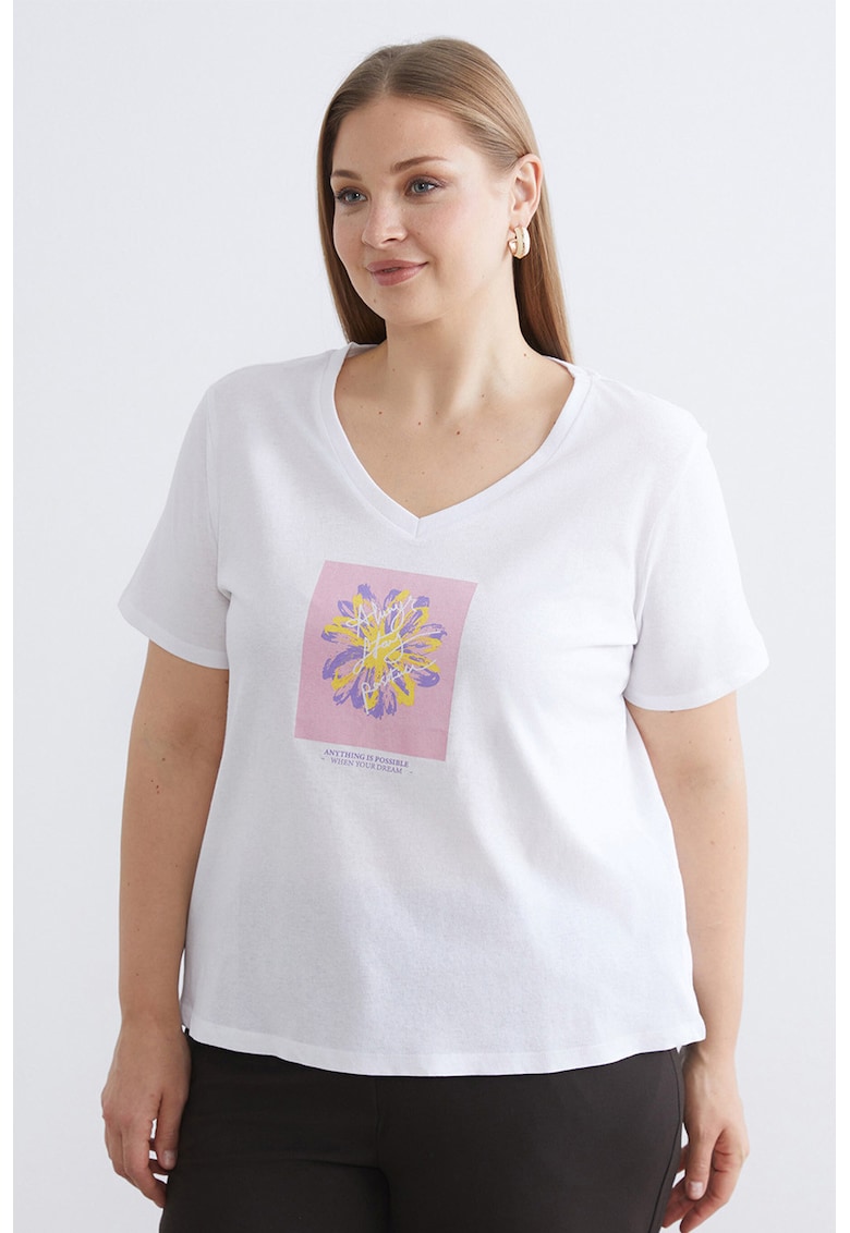 Tricou cu decolteu in V si imprimeu grafic - Alb/Roz prafuit