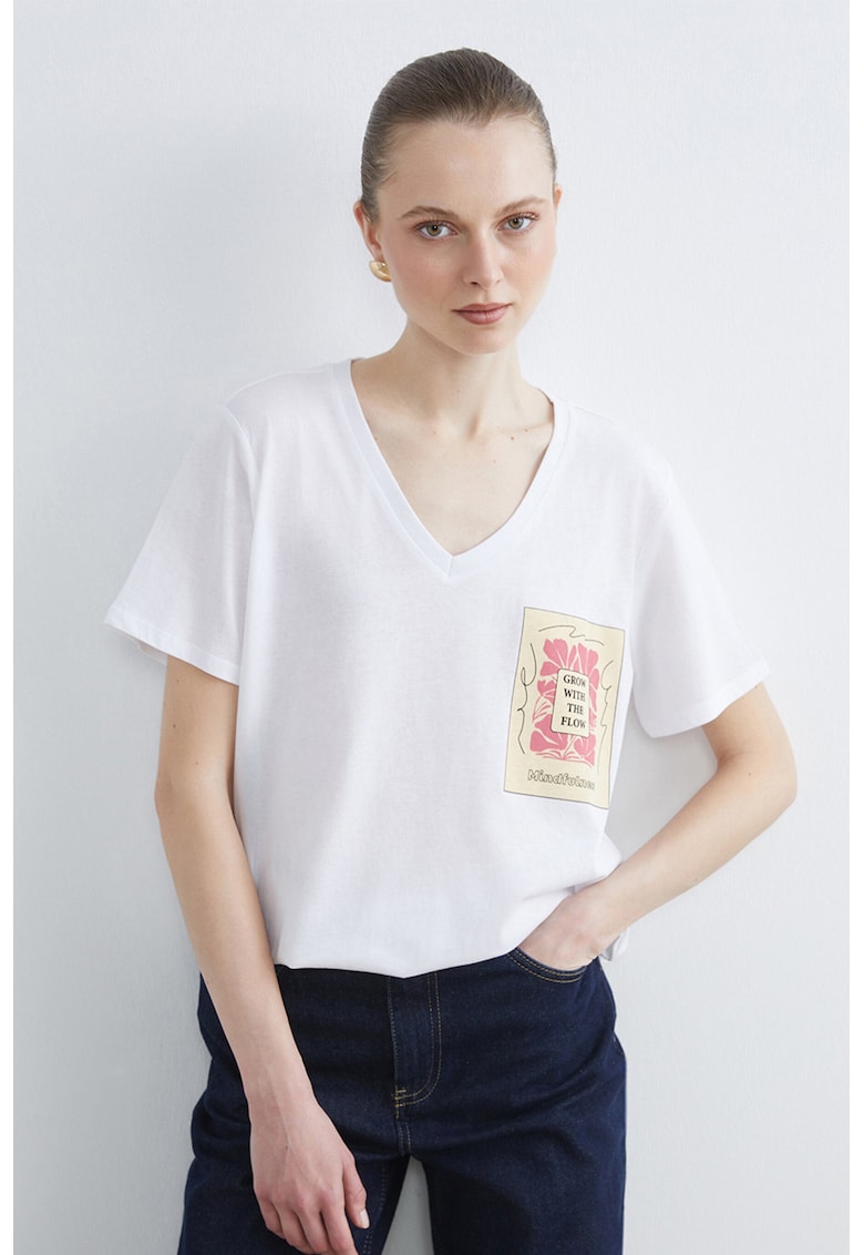 Tricou cu decolteu in V si imprimeu grafic - Alb/Bej