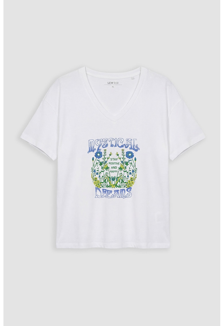 Tricou cu decolteu in V si imprimeu grafic si text - Verde/Galben/Alb optic