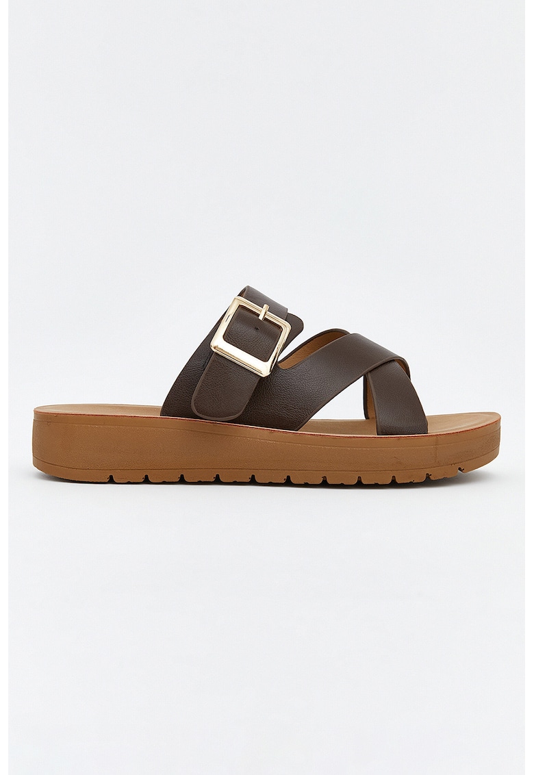 Papuci wedge cu barete incrucisate - Maro inchis