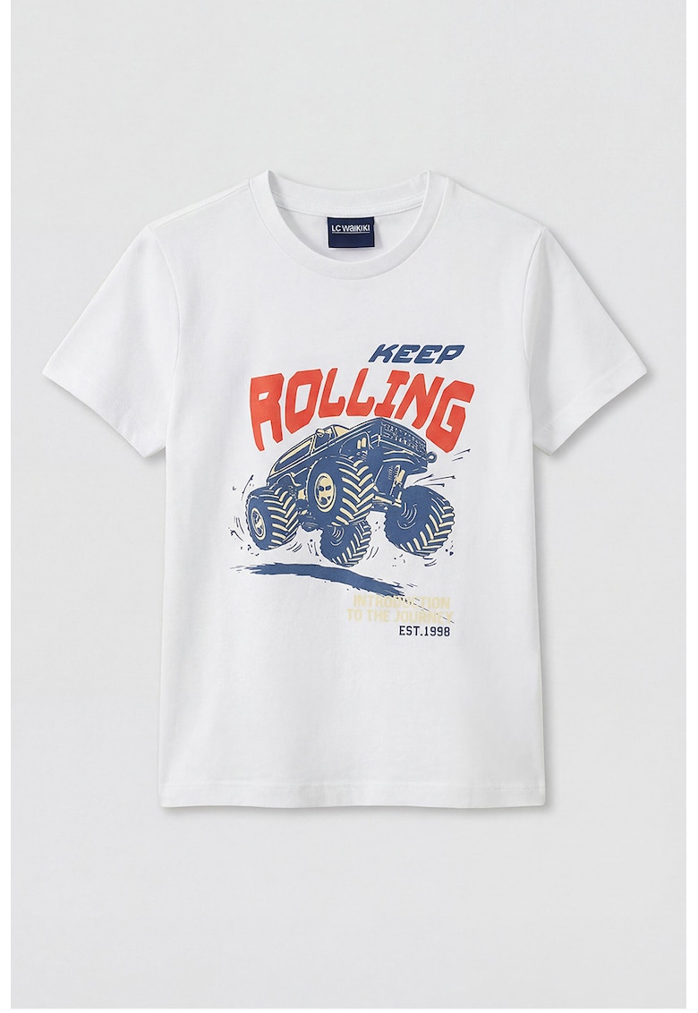 Tricou cu imprimeu si decolteu rotund - Alb/Albastru inchis/Rosu vermillion