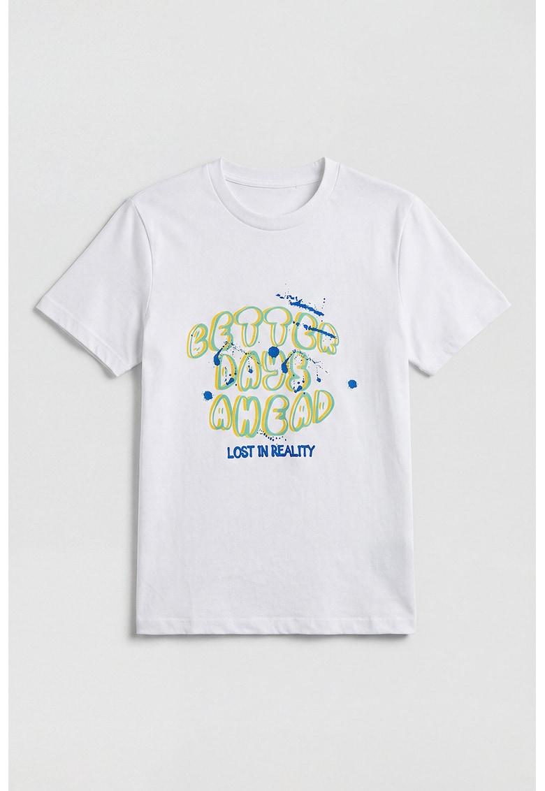 Tricou cu imprimeu si decolteu rotund - Alb/Galben/Verde deschis