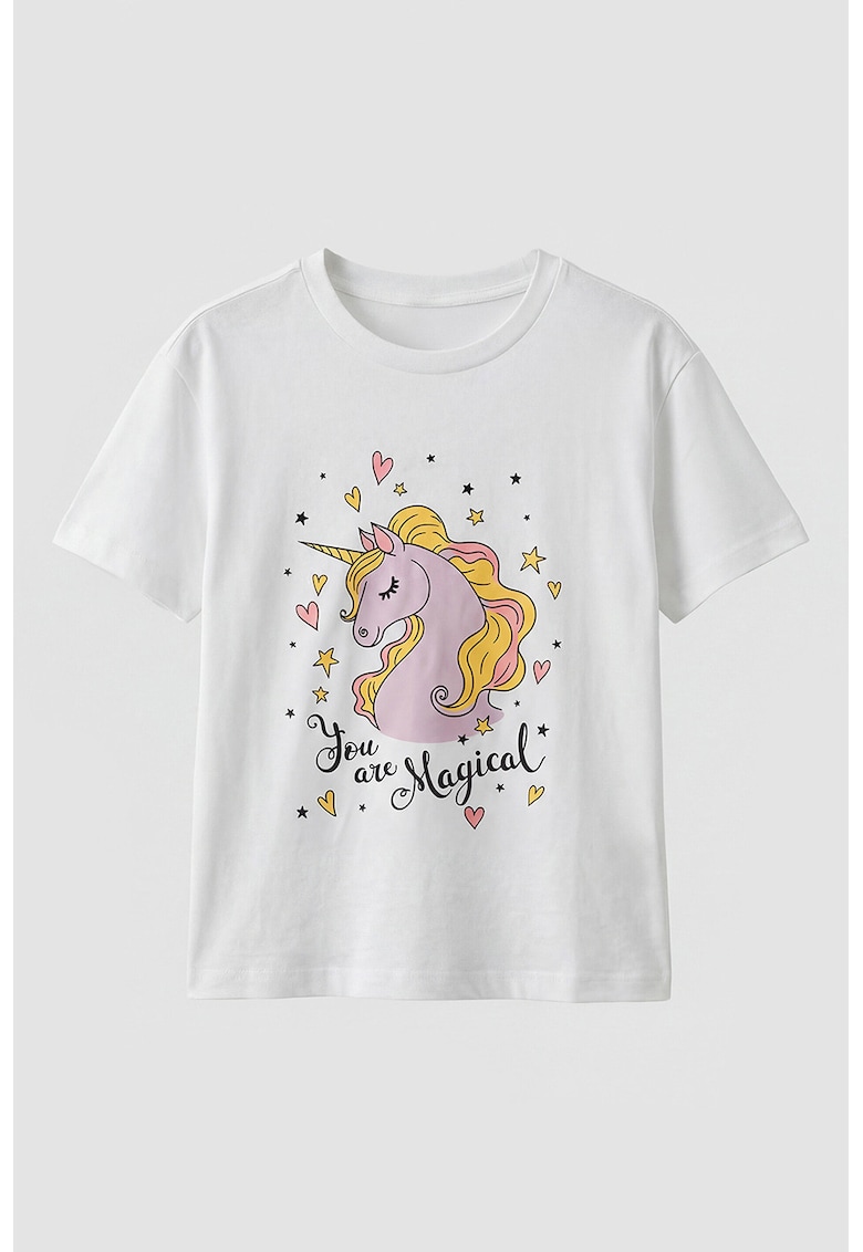 Tricou cu decolteu la baza gatului si model grafic - Alb/Galben/Liliac prafuit