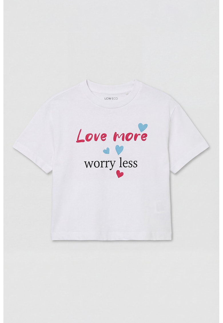 Tricou cu decolteu la baza gatului si model grafic - Alb/Roz zmeuriu/Albastru deschis